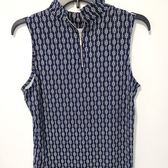 Carolina Belle Tops - Caroline Belle High Neck Sleeveless Navy Blue Blouse-Geometric pattern- Medium